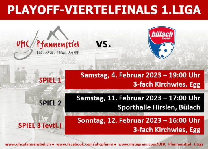 Termine der Playoff-Viertelfinal-Serie UHC Pfannenstiel - Bülach Floorball