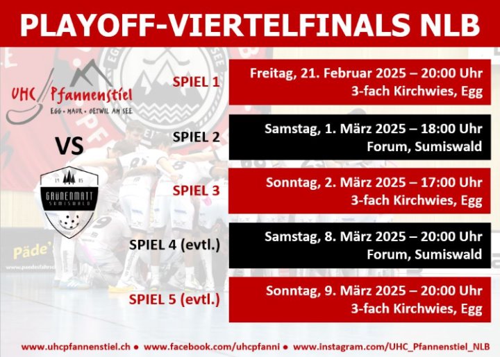Termine der NLB-Playoff-Viertelfinal-Serie UHC Pfannenstiel - UHC Grünenmatt